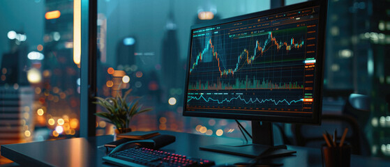 Stock market trading platform charts exchange graphs on pc computer screen. Financial technology online investment data digital money prices indexes crypto analysis and forecast background.